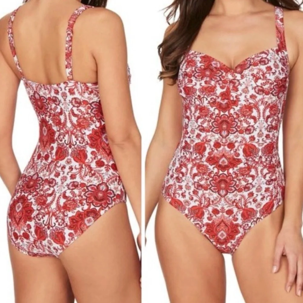 Nip Tuck One Piece Swimsuit Tummy Control Bathing suit Paisley V-Neck Wrap 8